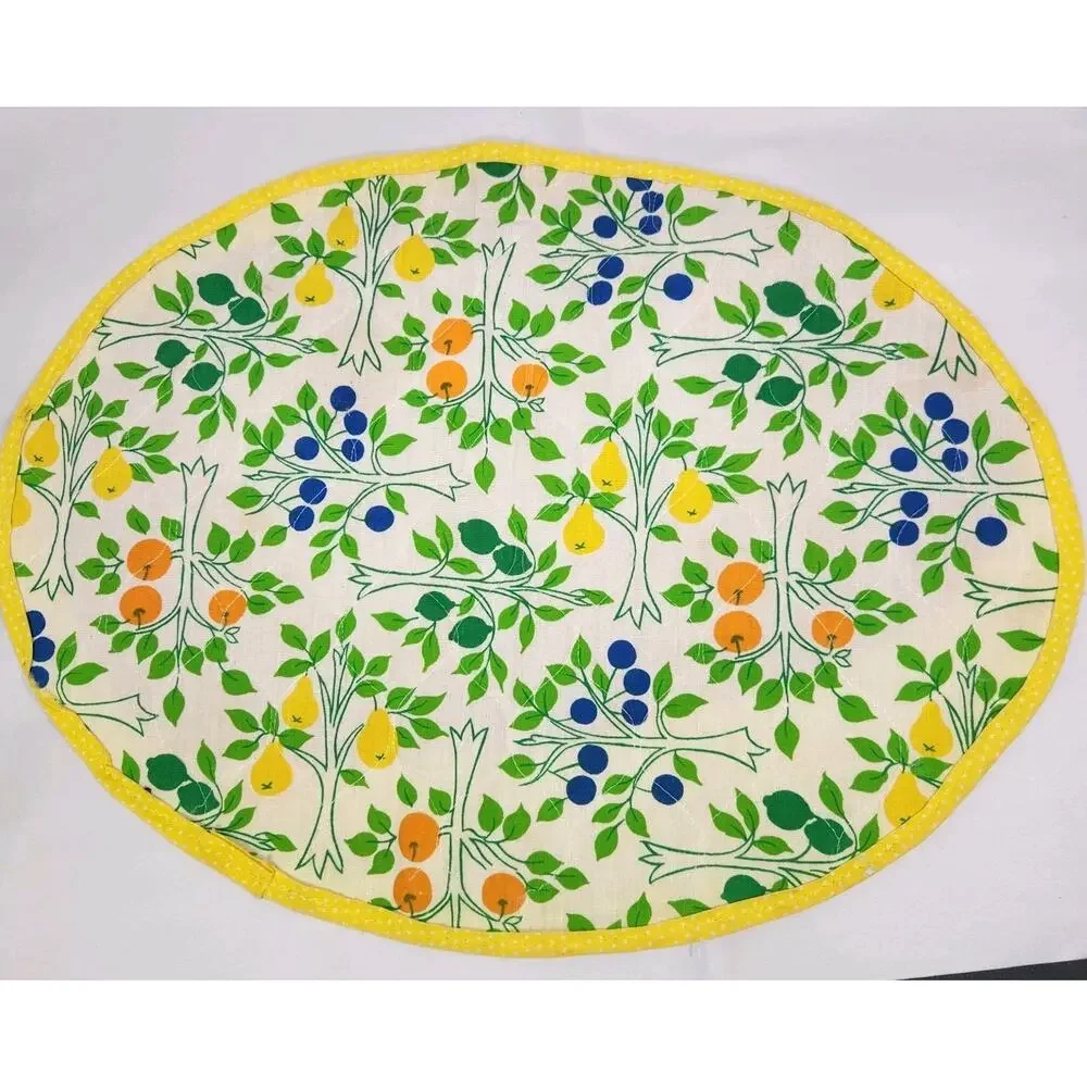 Vtg Set Of 3 Quilted Placemats Fruit Trees Lemon Orange Cottage Grandma Estate